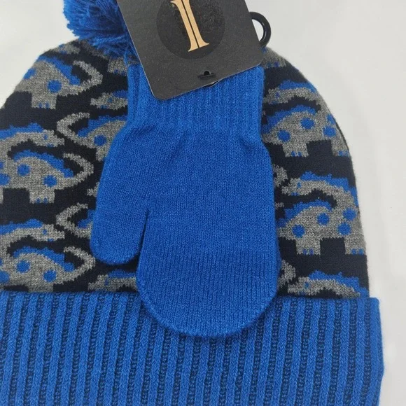 Igloos Youth Boy Toddler Dinosaur Knit Beanie Hat and Mittens Set Blue Size 2-4T - Picture 10 of 11